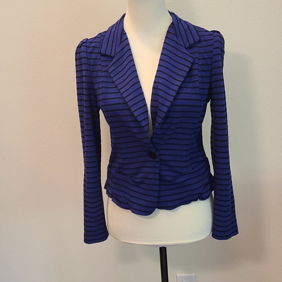 Cartonnier for Anthro, knit striped black & blue tailored, fitted blazer - Picture 5 of 16